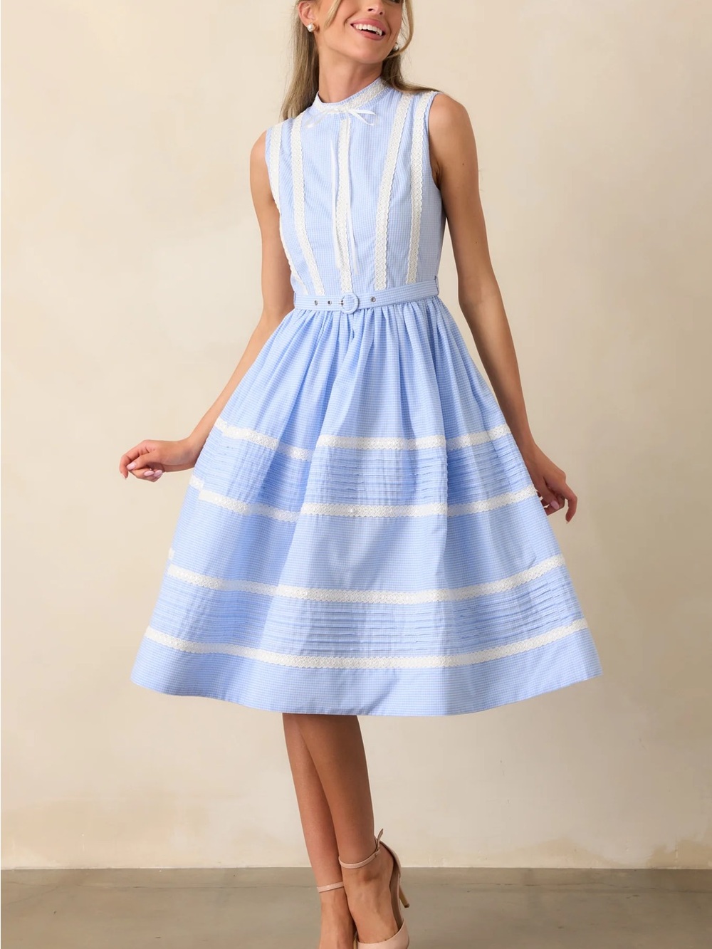 Prosperina EMMA BLUE MICRO GINGHAM COTTON RIBBON TRIM DRESS NWT Size Small